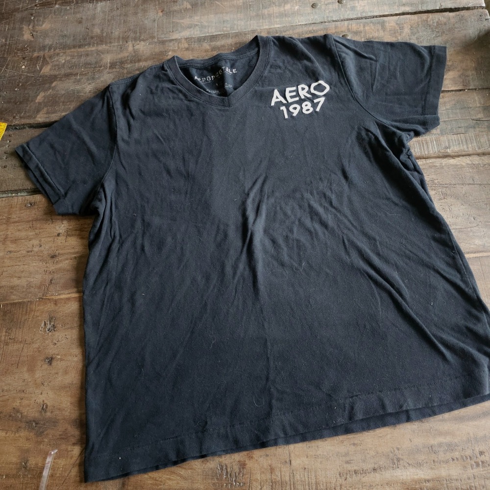 Aeropostale Black V-Neck Graphic T-Shirt Aero 1987 Single Stitch Large Vintage